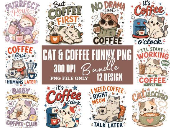Download Cat &amp; Coffee Funny Hand-drawn PNG Bundle - Premium Resources