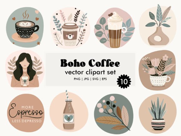 Download Boho Coffee Vector Clipart Set - Coffee Collection